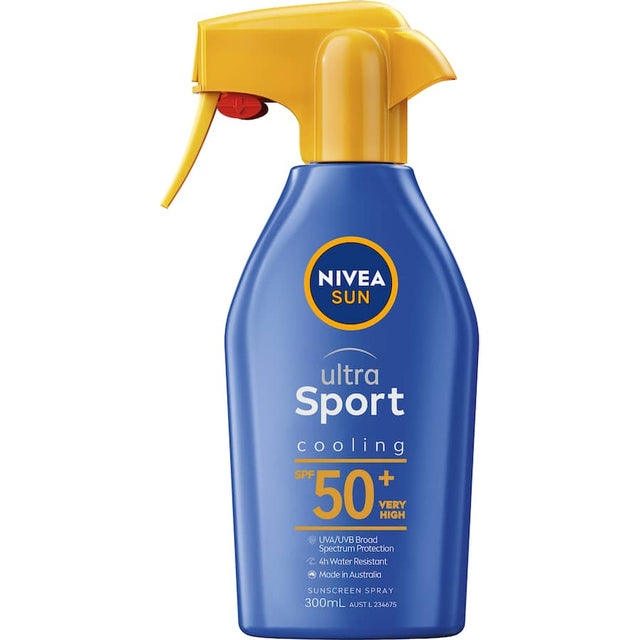 Nivea Sun Sport Sunscreen SPF50 spray offers broad-spectrum UVA/UVB protection, cooling refreshment, and 4-hour water resistance.