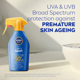 Nivea Sun Sport Sunscreen SPF50 spray providing cooling, broad-spectrum UV protection for active outdoor activities.