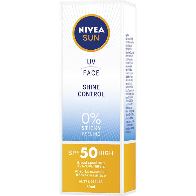 Nivea Sun Sunscreen UV Face SPF 50, lightweight with mattifying effect, protects skin from UVA/UVB rays and shine.