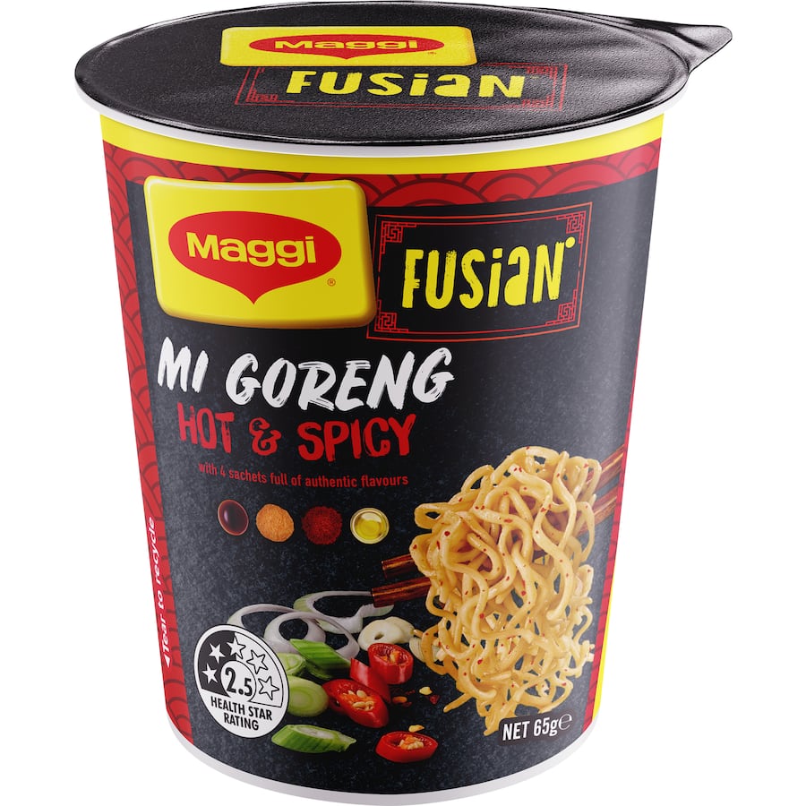 Maggi Fusian Hot & Spicy Mi Goreng Cup with Asian spices, flavor sachets, and quick preparation for a spicy meal on-the-go.