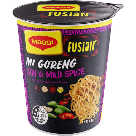 Maggi Fusian Instant Noodles Soy & Mild Spice Cup, featuring flavorful noodles and customizable sauces for easy Asian-inspired meals.