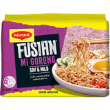 MAGGI Fusian Instant Noodles multi-pack featuring soy flavor and mild spices, perfect for customizable Asian-inspired meals.