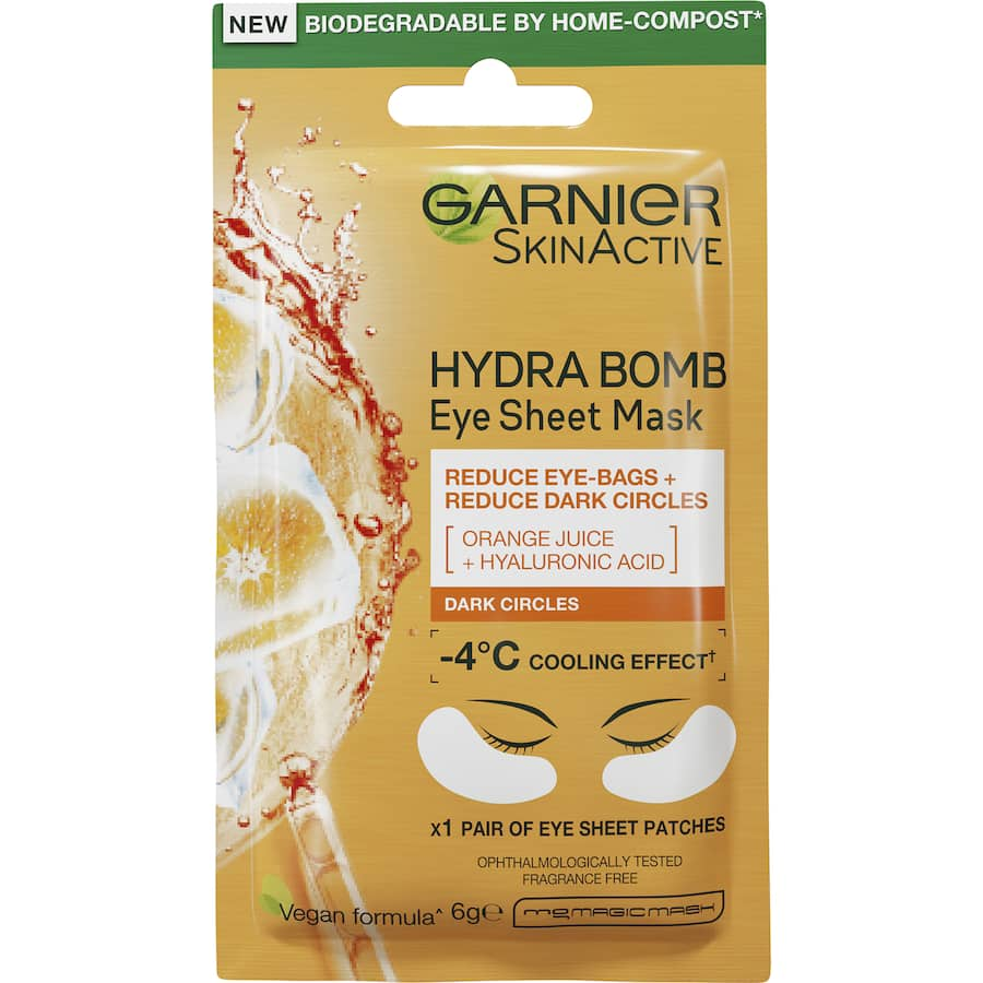 Garnier Hydrabomb Eye Mask with orange extract revitalizes and hydrates eyes, reducing dark circles and puffiness.