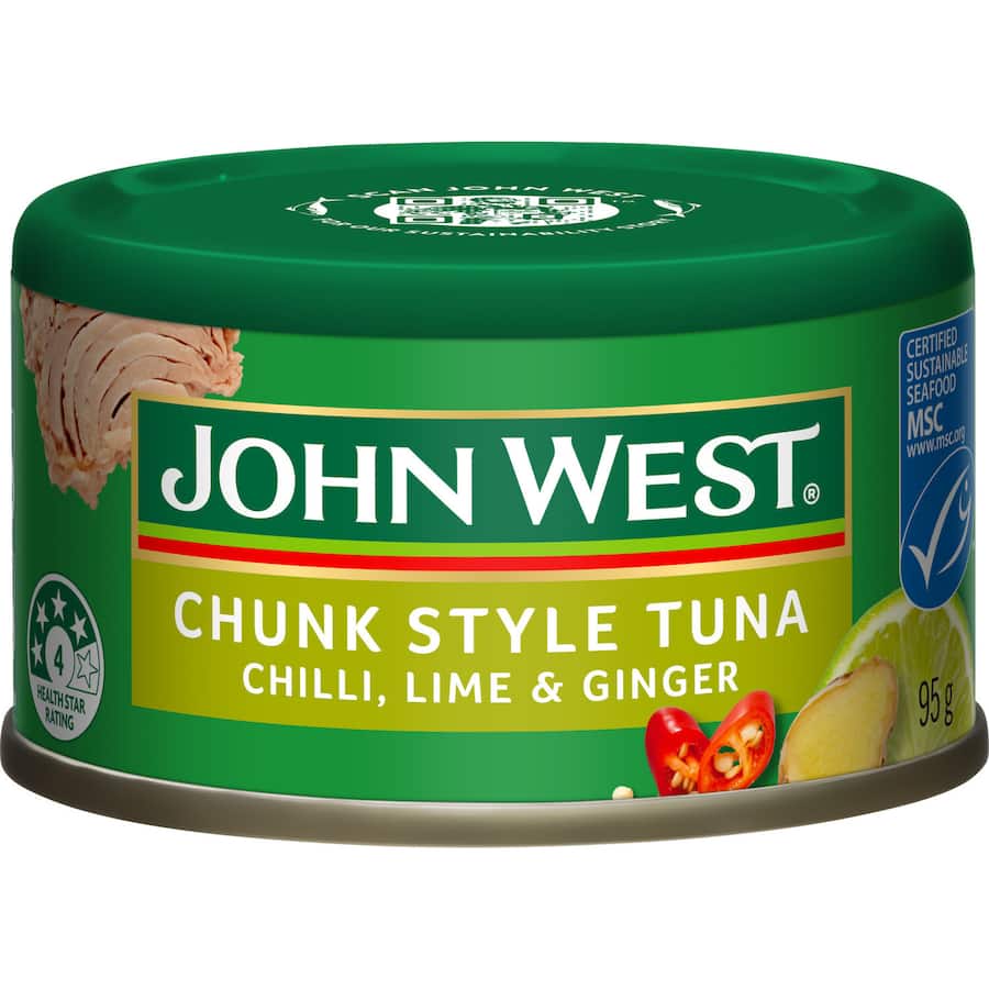 Chunky John West Tuna Chunks in oil, featuring zesty chilli, lime, and ginger flavors for a delicious, nutritious meal.