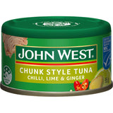 Chunky John West Tuna Chunks in oil, featuring zesty chilli, lime, and ginger flavors for a delicious, nutritious meal.