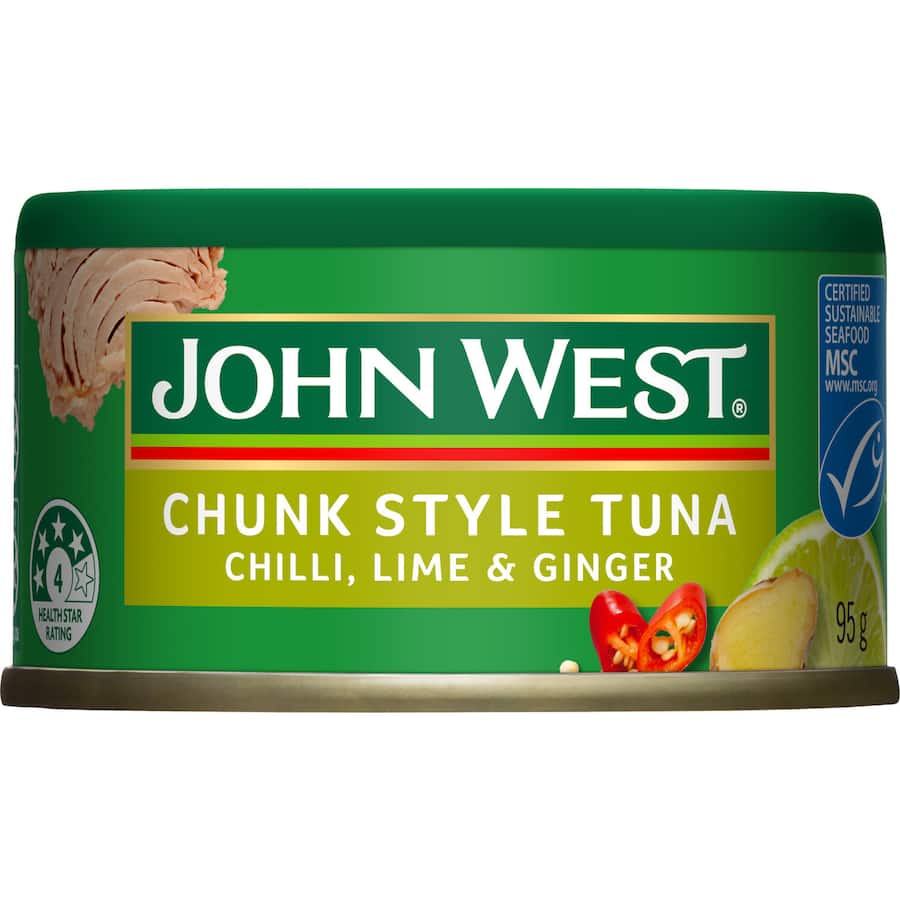 John West Tuna Chunks in Chilli, Lime & Ginger, featuring a rich texture and vibrant flavors, perfect for salads and wraps.