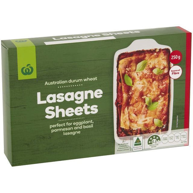 Woolworths Pasta Lasagne Sheets in a 250g pack, perfect for easy, authentic lasagne and versatile baking.