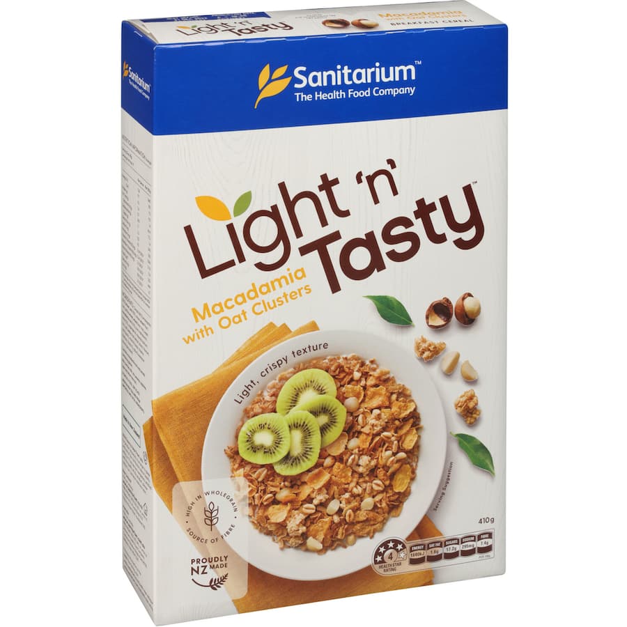 Delicious Sanitarium Light N Tasty Cereal with crunchy macadamia nuts, high in whole grains and fiber for a wholesome breakfast.