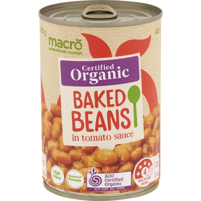 Can of Macro Organic Baked Beans in Tomato Sauce, showcasing protein-rich, fiber-filled plant-based nutrition.