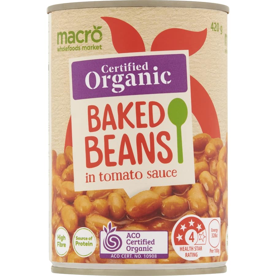 Macro Organic Baked Beans in Tomato Sauce, rich in protein and fiber, perfect for healthy meals and vegan diets.