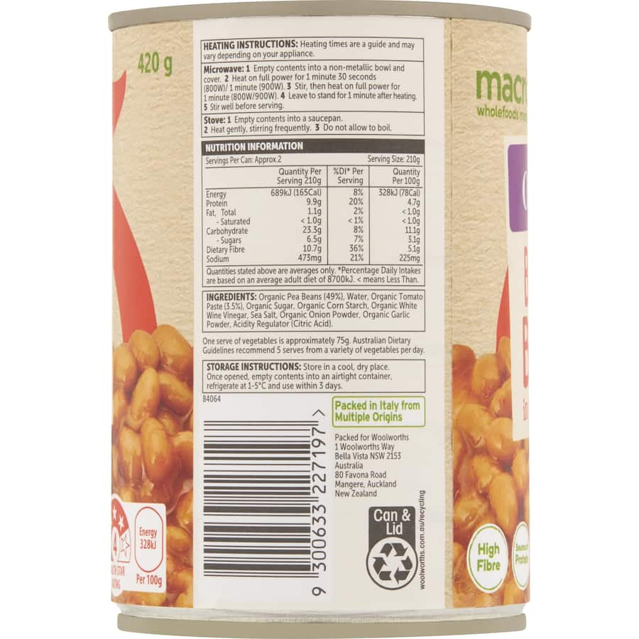 Can of Macro Organic Baked Beans in Tomato Sauce, rich in protein and fiber, ideal for healthy, plant-based meals.