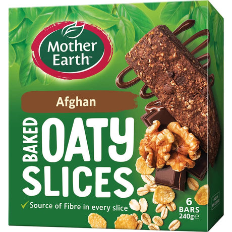 Wholesome Mother Earth Oaty Slices with oats, cornflakes, walnuts, and dark chocolate; a soft, nutritious snack bar.