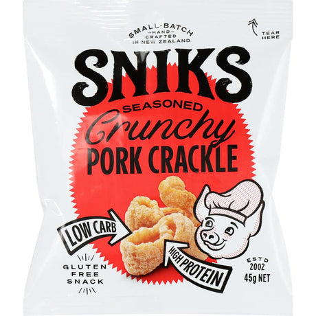 Crispy Sniks Pork Crackle Crunch snack, made from natural pork skin, ideal for low-carb and keto enthusiasts.