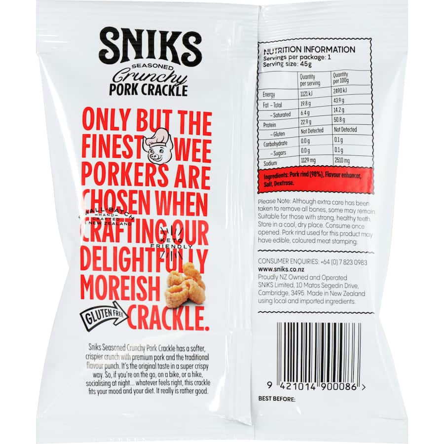 Crispy Sniks Pork Crackle Crunch snack, made from natural pork skin, perfect for low-carb and keto diets.