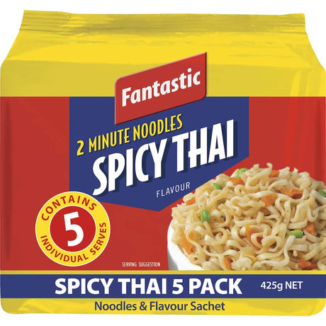 Spicy Thai instant noodles ready in 2 minutes, perfect for quick meals or snacks, with versatile serving options.