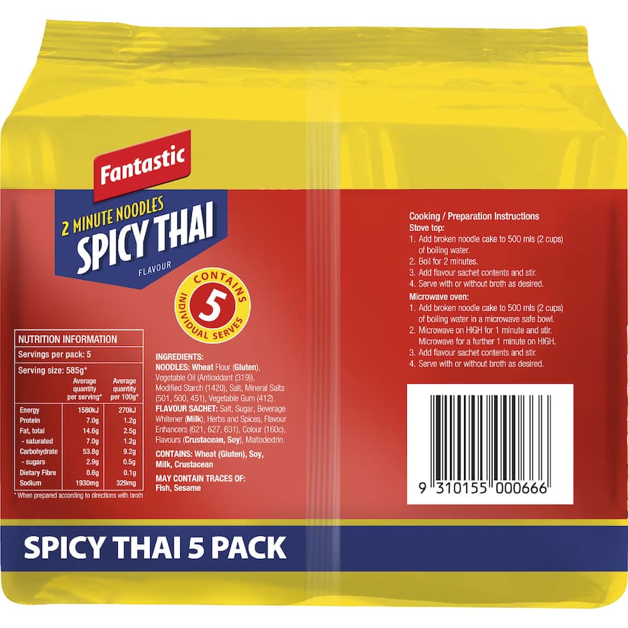 A pack of Fantastic 2 Minute Instant Noodles featuring Spicy Thai flavor, perfect for quick meals in just 2 minutes.