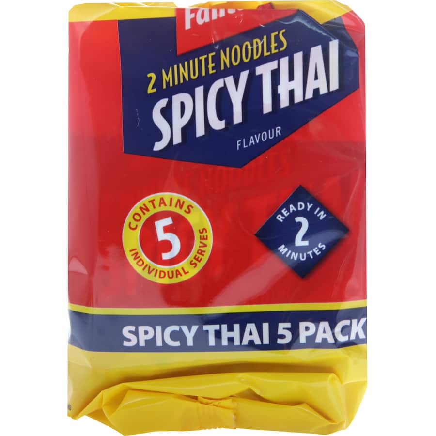 A multi-pack of Fantastic 2 Minute Instant Noodles with authentic Spicy Thai flavor, ready in just 2 minutes.