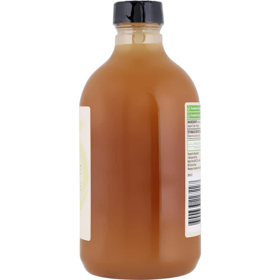 Organic apple cider vinegar in a clear bottle, showcasing its unfiltered quality and health benefits.