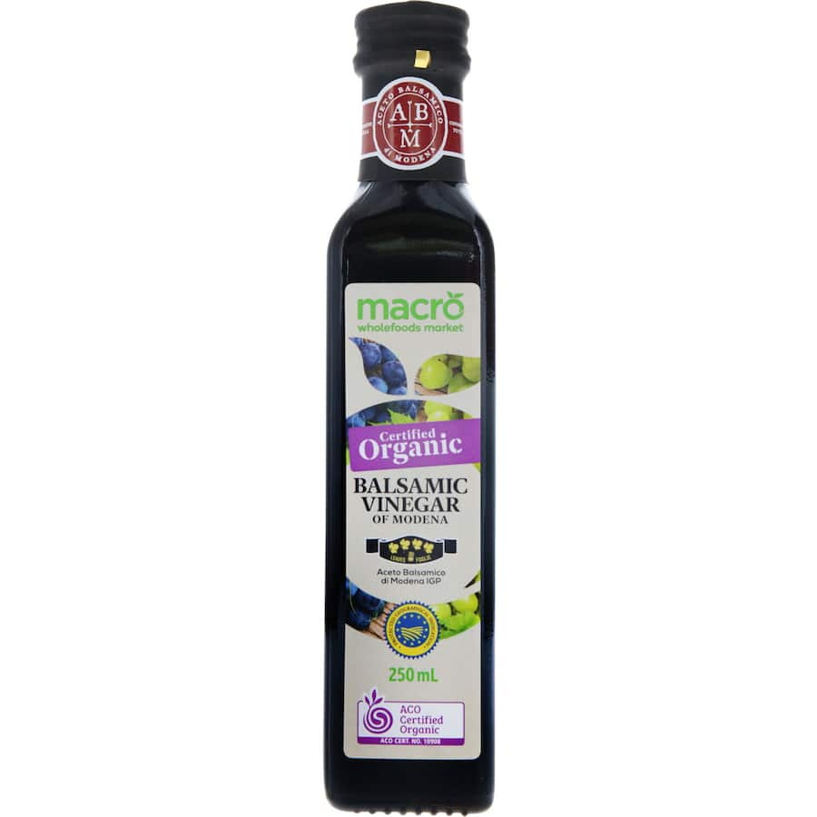 Macro Organic Balsamic Vinegar 4 Leaf, premium vinegar from Modena with rich, sweet and tangy flavors, ideal for gourmet dishes.