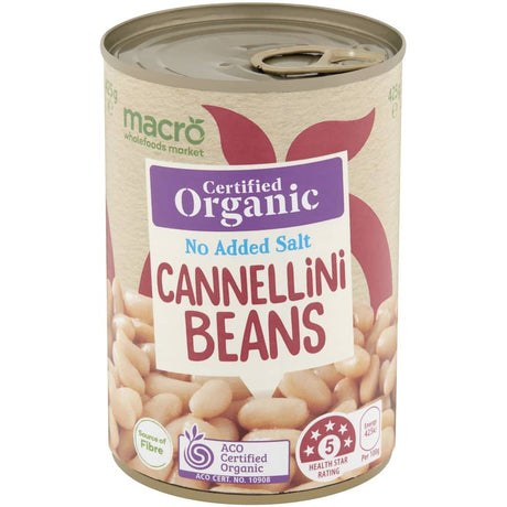 Organic Macro Cannellini Beans in a can, high in fiber with no added salt, ideal for nutritious savory meals.