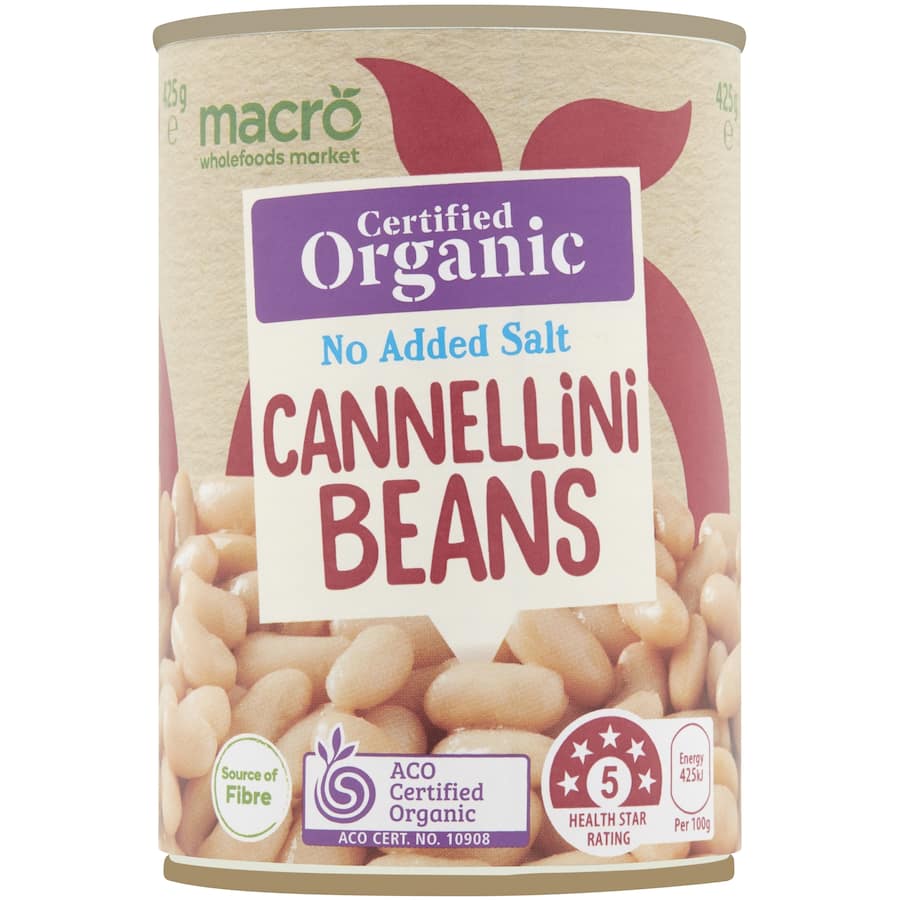 Organic Macro Cannellini Beans with no added salt, high in fiber, perfect for healthy, savory meals.