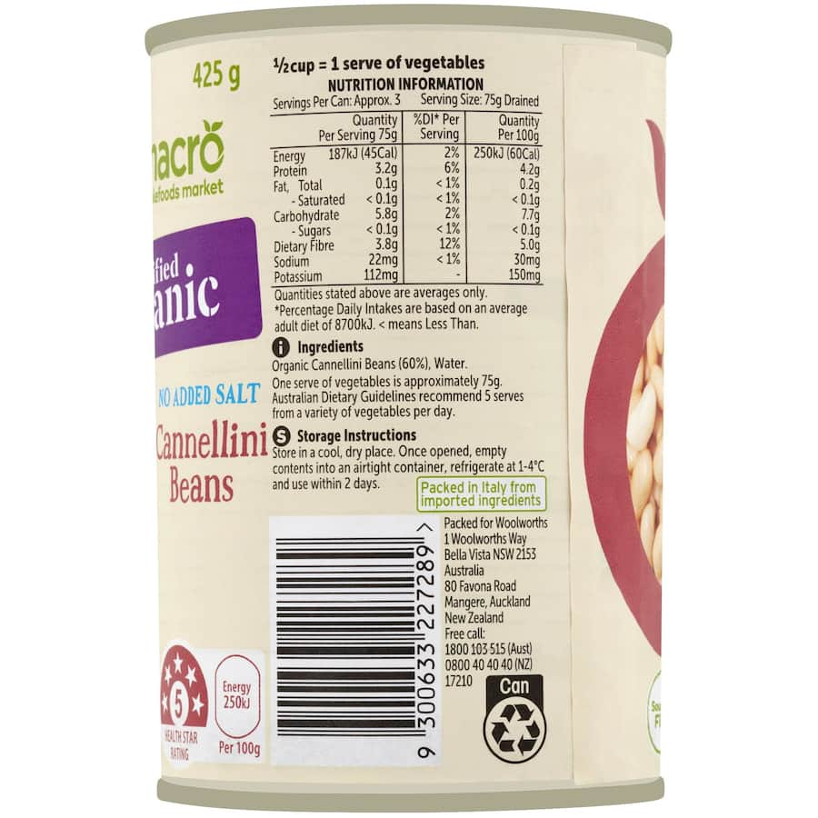 Macro Organic Cannellini Beans in a can, no added salt, rich in fiber and perfect for healthy savory dishes.