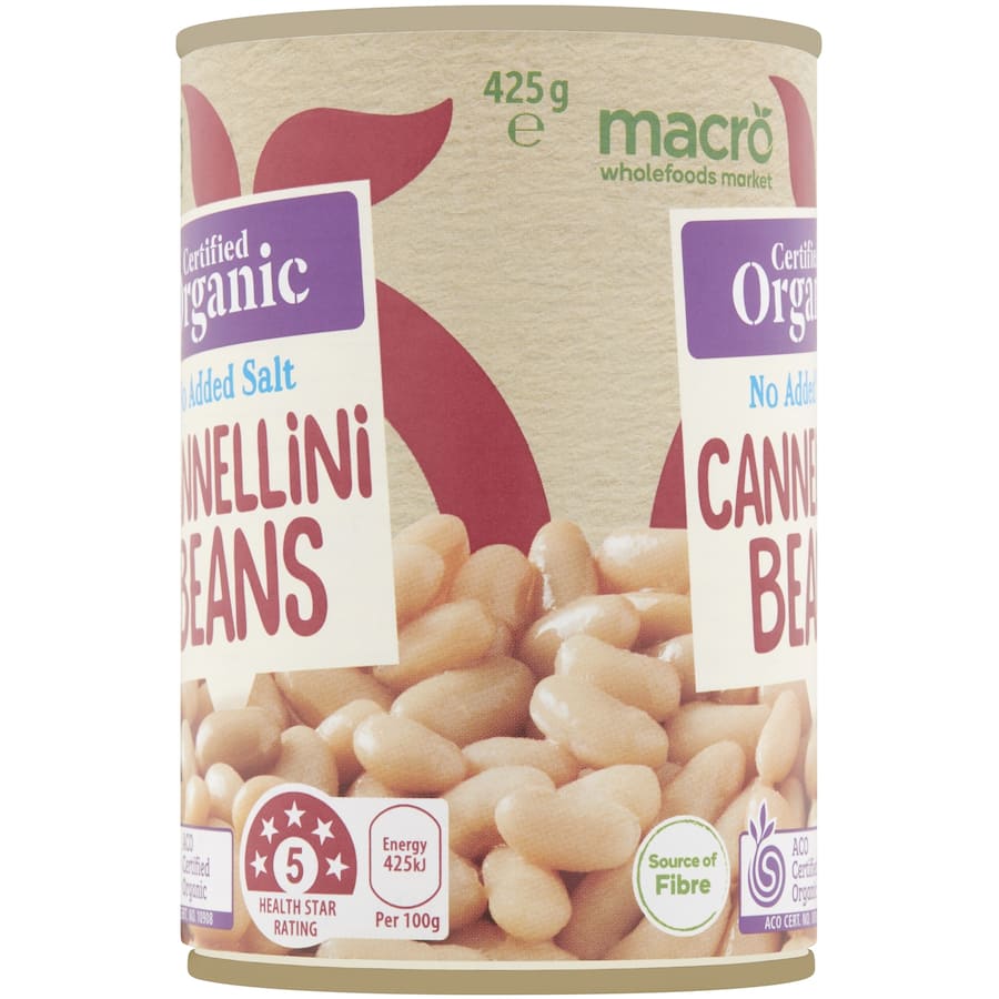 Macro Organic Cannellini Beans in a can, no added salt, packed with fiber and organic goodness for healthy savory meals.