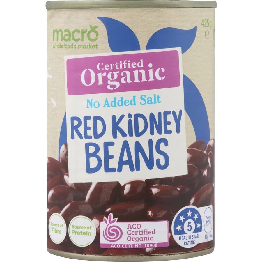 Macro Organic Red Kidney Beans in a bag, no added salt, rich in fiber, ideal for healthy cooking and versatile recipes.