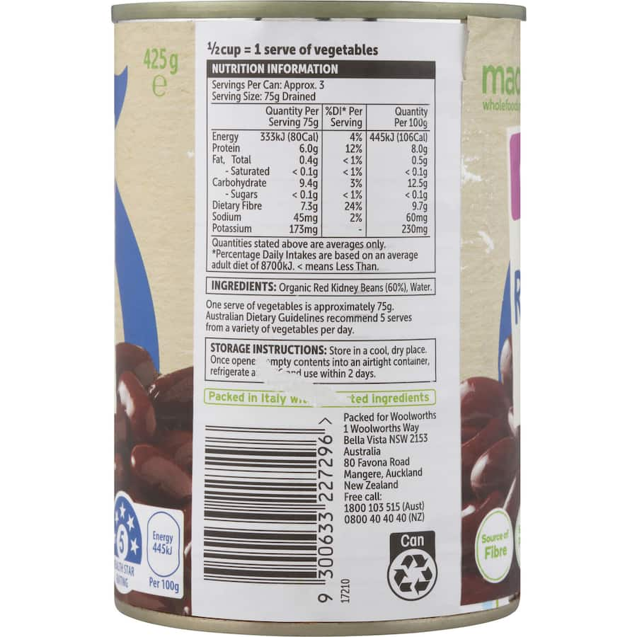 Macro Organic Red Kidney Beans in a package, showcasing their natural color, labeled as no added salt and rich in fiber.