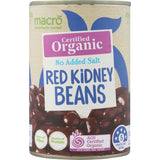 Macro Organic Red Kidney Beans in a bag, showcasing their no added salt, high fiber content, and natural purity for versatile cooking.