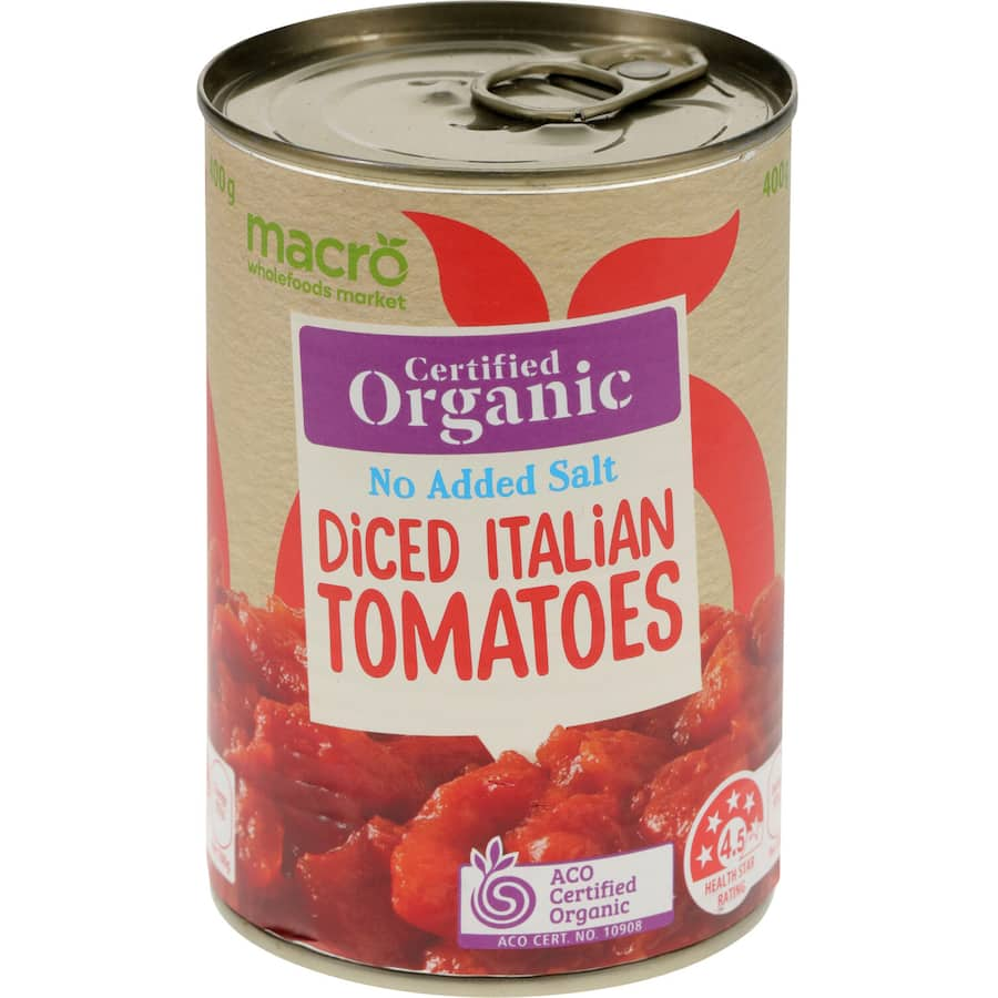 Macro Organic Diced Tomatoes in Italian style with no added salt, perfect for enhancing your dishes with natural flavor.