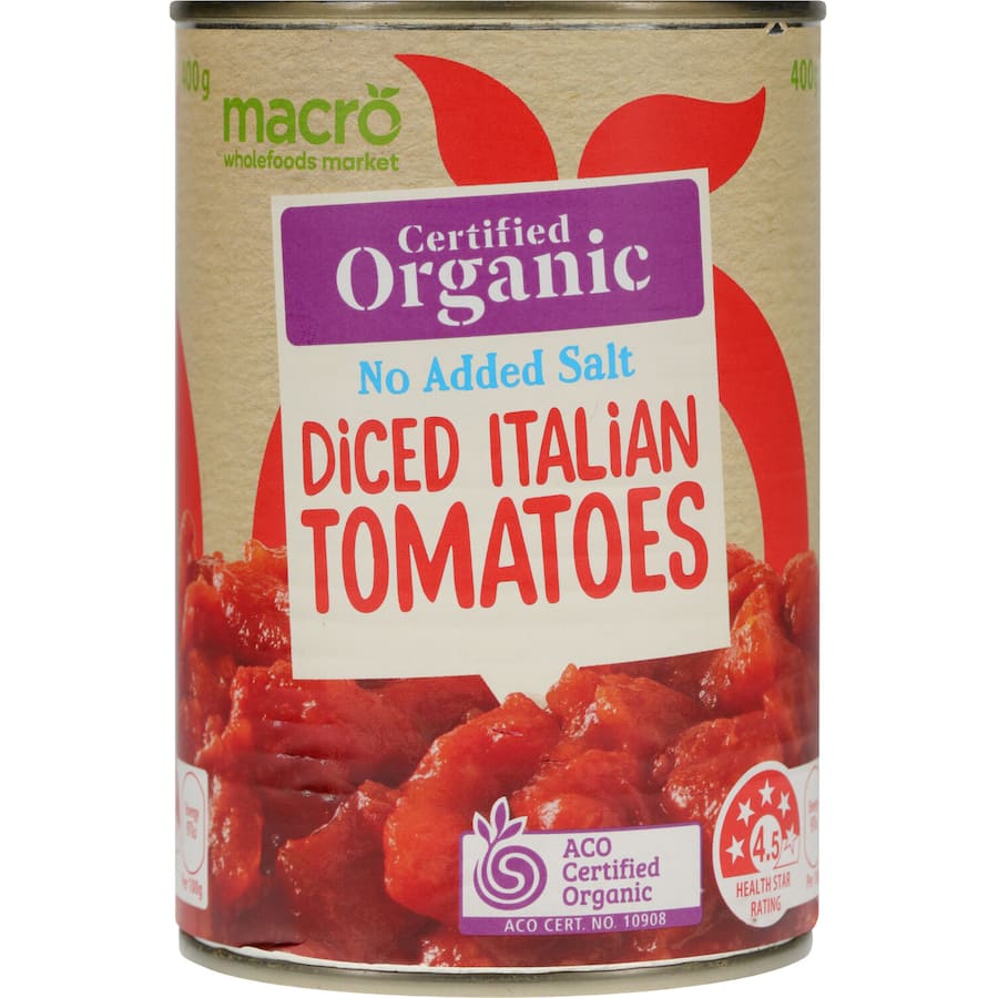 Diced tomatoes in a can, organic, Italian-style, with no added salt for wholesome cooking.