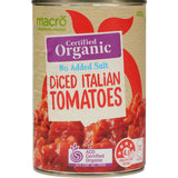 Macro Organic Diced Tomatoes in Italian style with no added salt, ideal for healthy cooking.