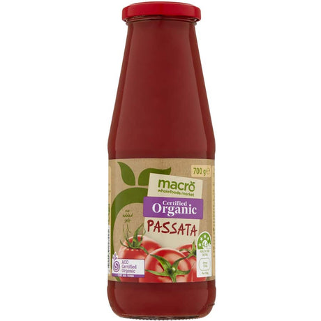 Macro Organic Pasta Sauce Passata in a jar, featuring rich organic tomatoes and designed for versatile cooking without additives.