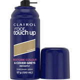 Clairol Root Touch Up Spray in Blonde for quick, natural grey coverage; sweat and water-resistant formula.