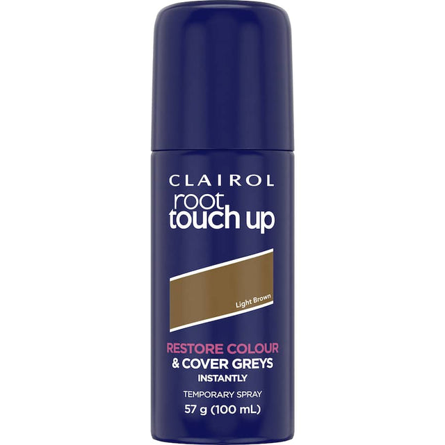 Clairol Root Touch-Up Spray in Light Brown, a fast-drying, ammonia-free solution to quickly cover grey roots with a natural look.