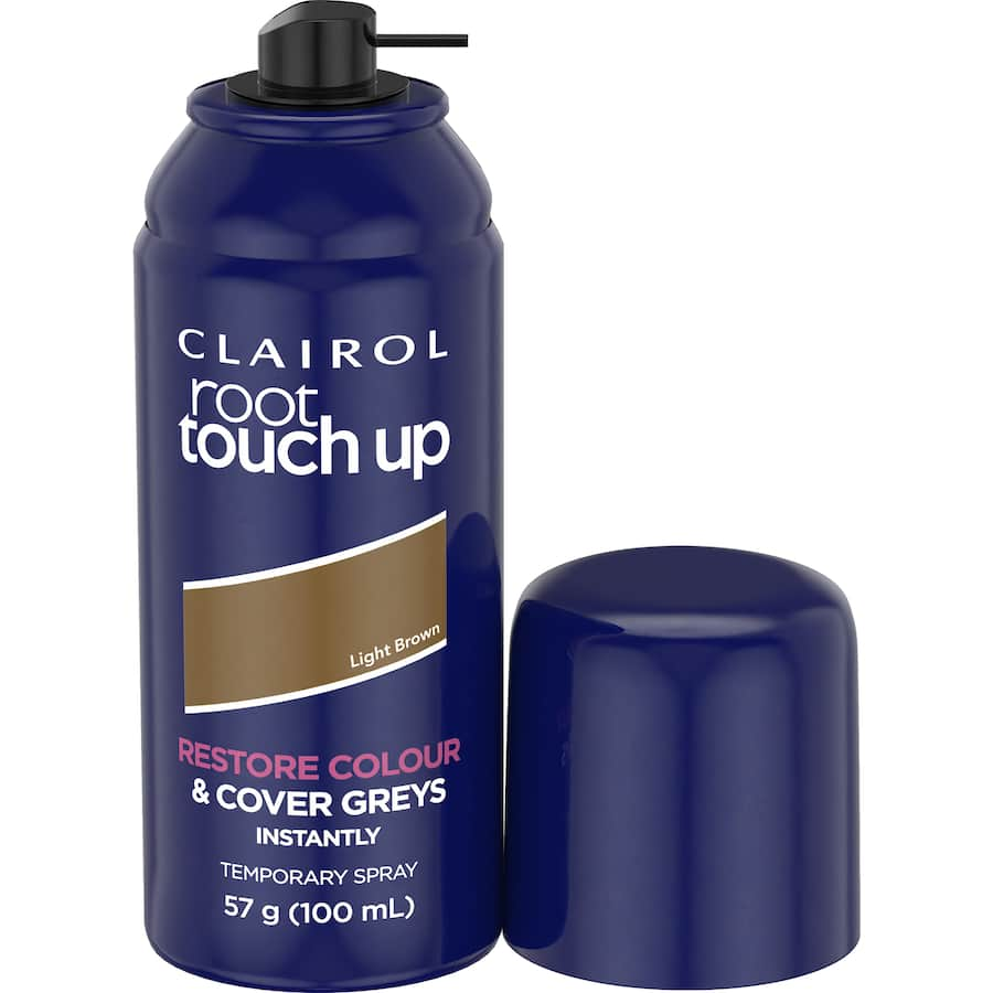 Clairol Root Touch-Up Spray in Light Brown for quick, natural grey coverage; ammonia-free, water-resistant, and fast-drying.