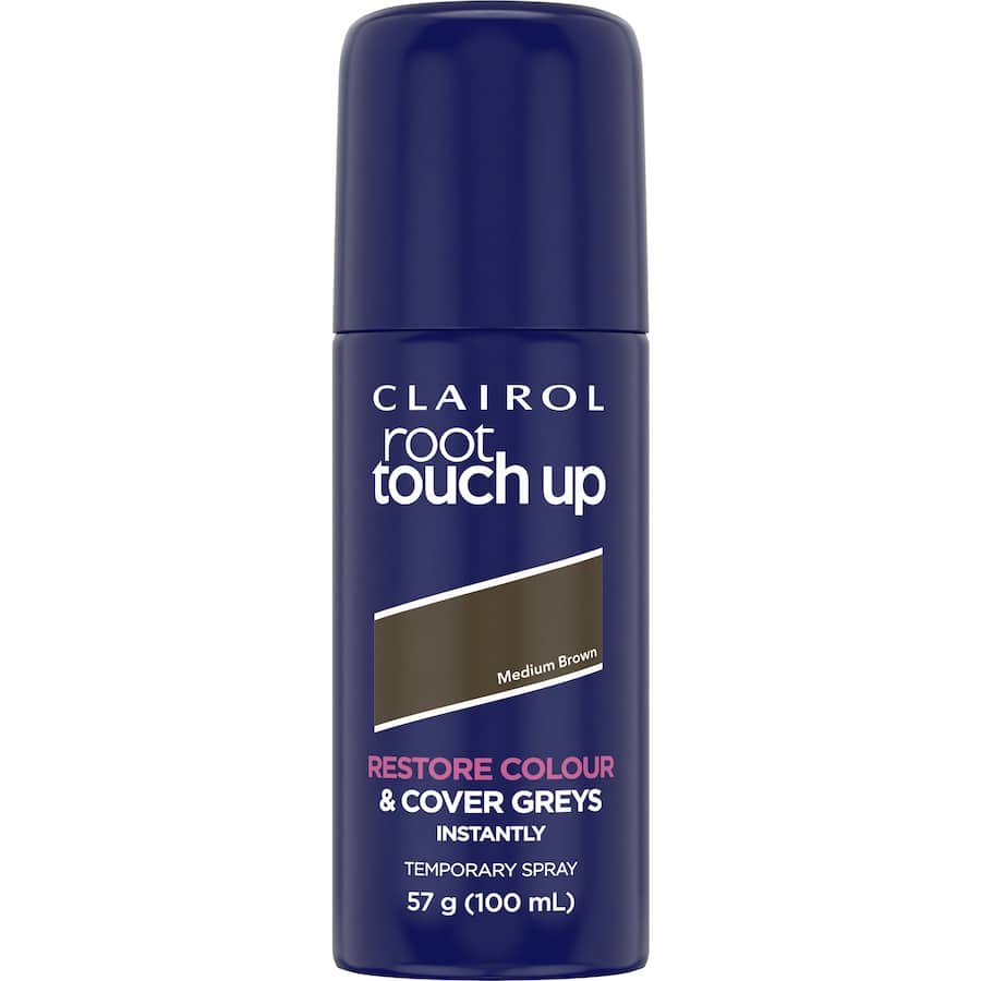 Clairol Root Touch Up Spray in Medium Brown blends effortlessly to cover grey roots, offering a fast, natural finish.