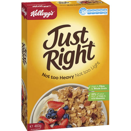 Kellogg's Just Right Cereal with whole grains, sultanas, and apricots for a nutritious, flavorful breakfast.