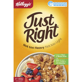 Bowl of Kellogg's Just Right Cereal with whole grains, sultanas, and apricot pieces, perfect for a nutritious breakfast.