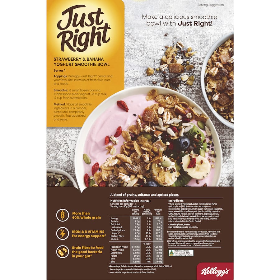 Kellogg's Just Right Cereal Original features whole grains, sultanas, and apricots for a nutritious, balanced breakfast.