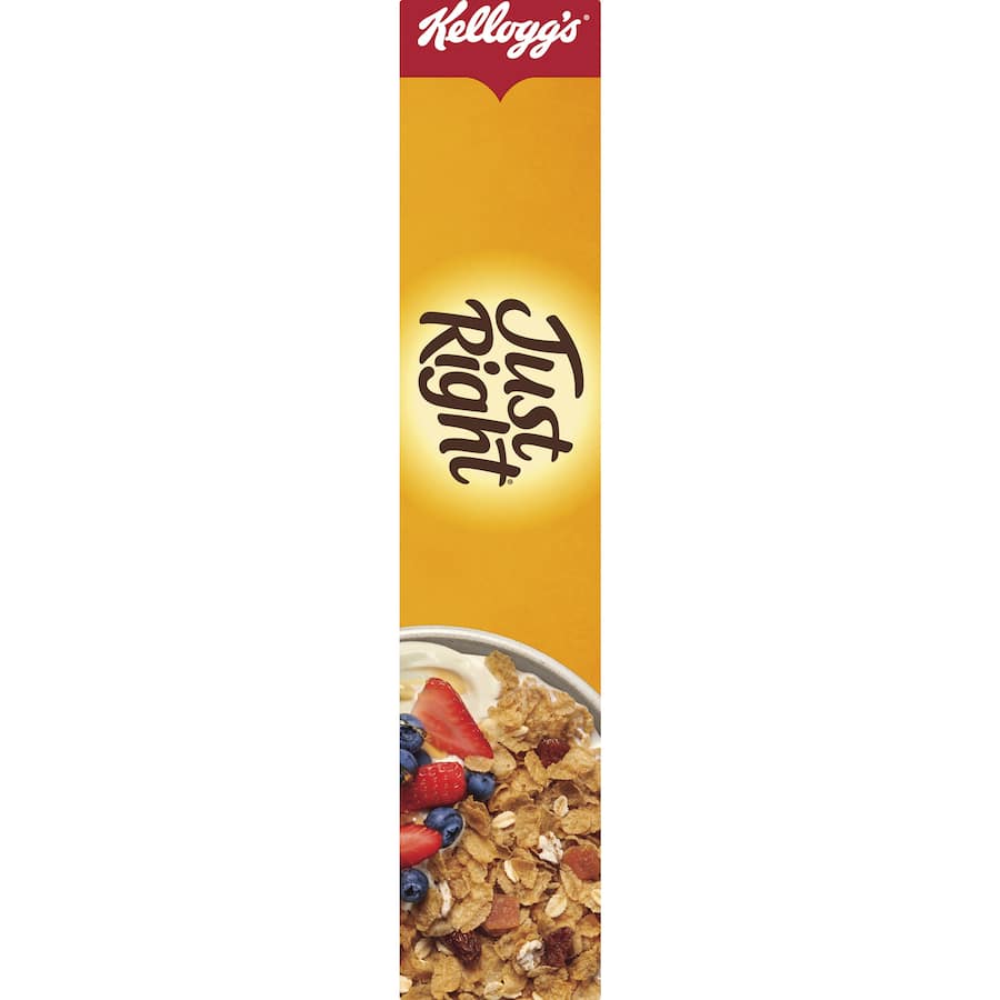 Bowl of Kellogg's Just Right Cereal with whole grains, sultanas, and apricot pieces, offering a tasty, nutritious breakfast option.