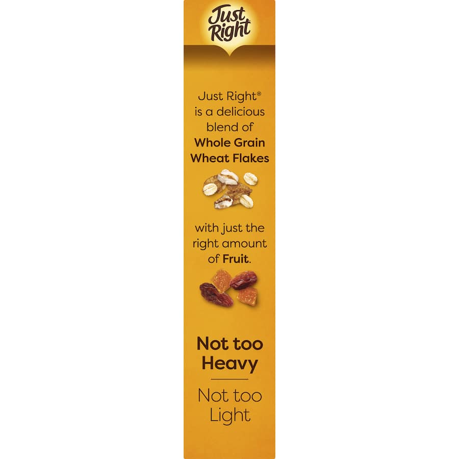 A box of Kellogg's Just Right Cereal Original with whole grains, sultanas, and apricots, promoting a balanced and nutritious breakfast.