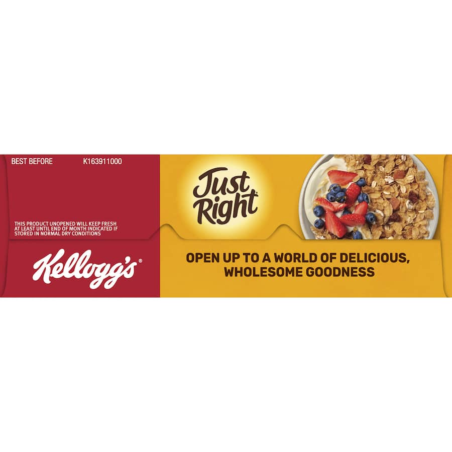 Kellogg's Just Right Cereal Original with whole grains, sultanas, and apricot pieces for a balanced, nutritious breakfast.