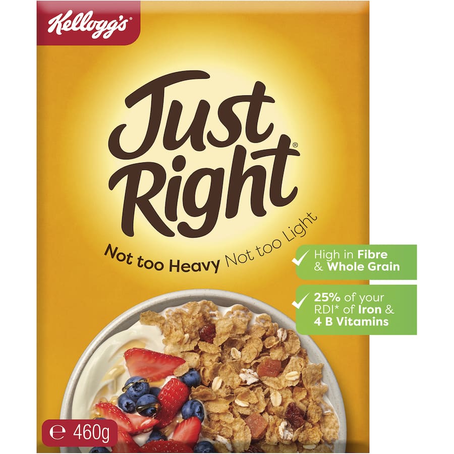 Kellogg's Just Right Cereal Original featuring whole grains, sultanas, and apricot pieces for a nutritious breakfast.