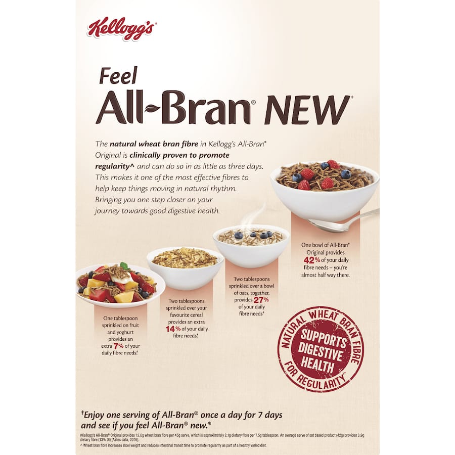 Kellogg's All Bran Cereal Original, a high-fiber breakfast cereal packed with natural wheat bran for digestive health.