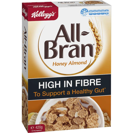 A nutritious bowl of Kellogg's All Bran Cereal with Honey Almond, packed with fiber and almond crunch for digestive health.