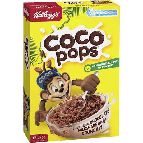 Bowl of Kellogg's Coco Pops Original cereal with chocolatey clusters, evoking a fun, crunchy breakfast experience.