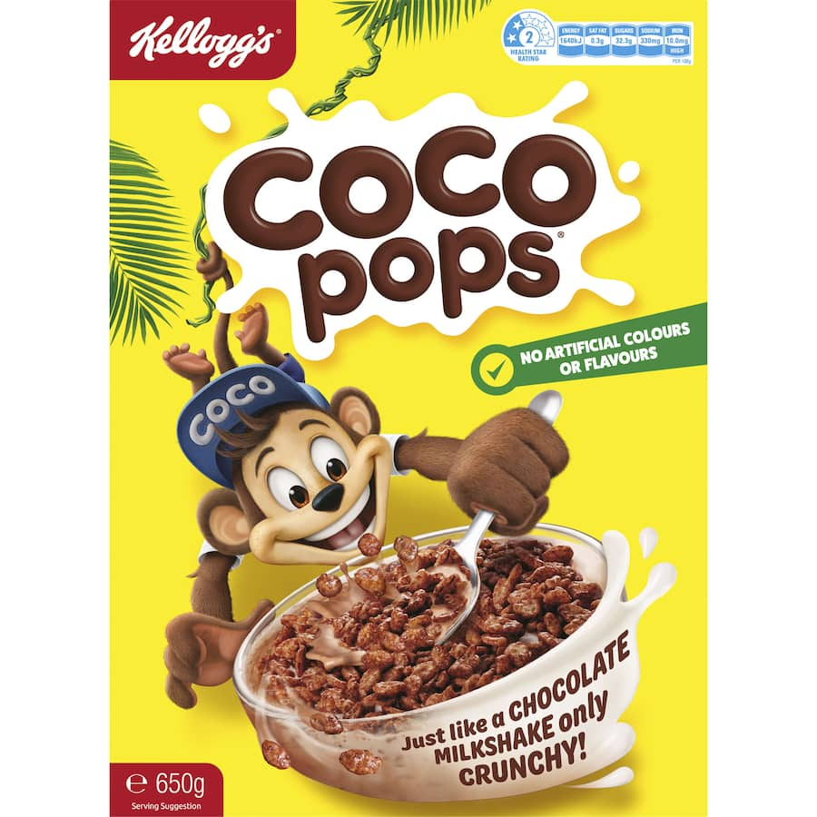 Bowl of Kellogg's Coco Pops with chocolatey rice puffs, ideal for a fun breakfast or snack, packed with vitamins and minerals.