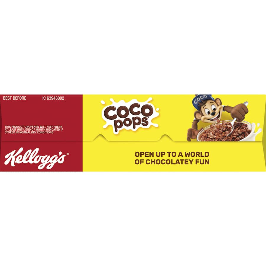 Bowl of Kellogg's Coco Pops, chocolatey rice puffs turning milk delicious, enriched with vitamins for a nutritious breakfast.